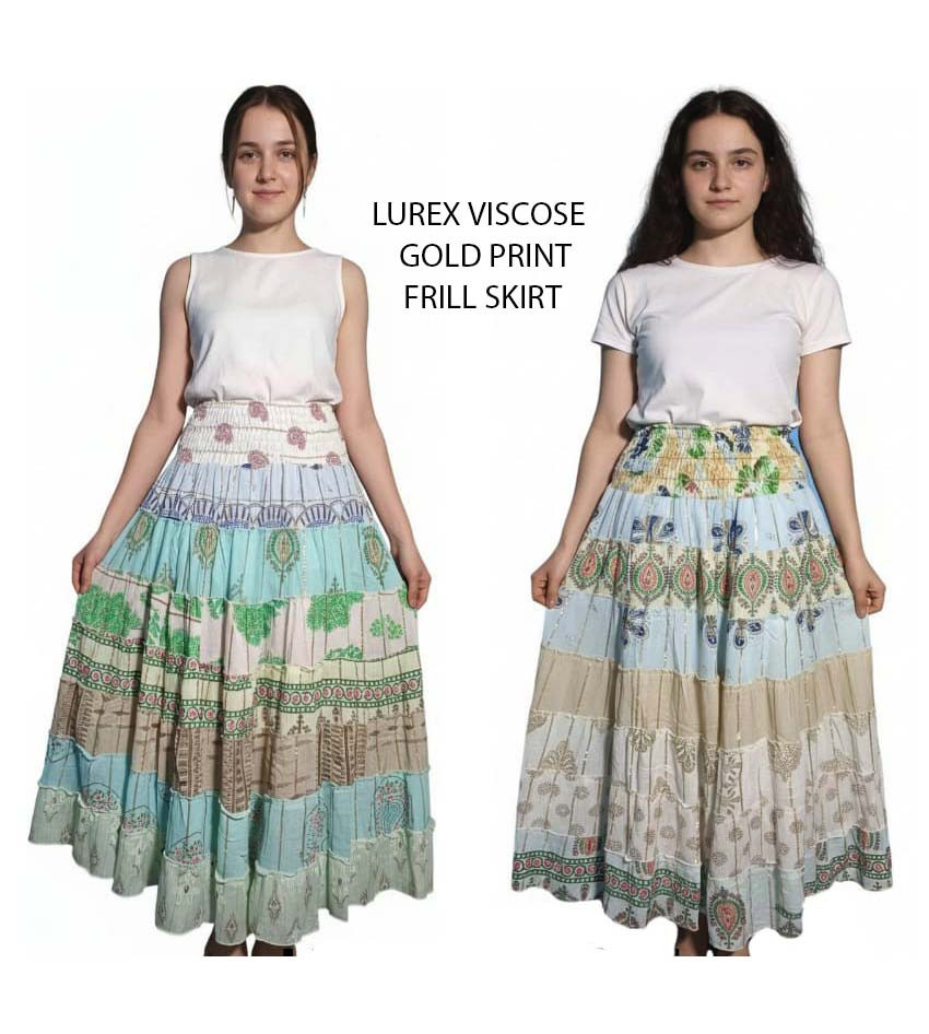 Lurex Viscose Frill Gold Print Long Skirts GC-AP-1627
