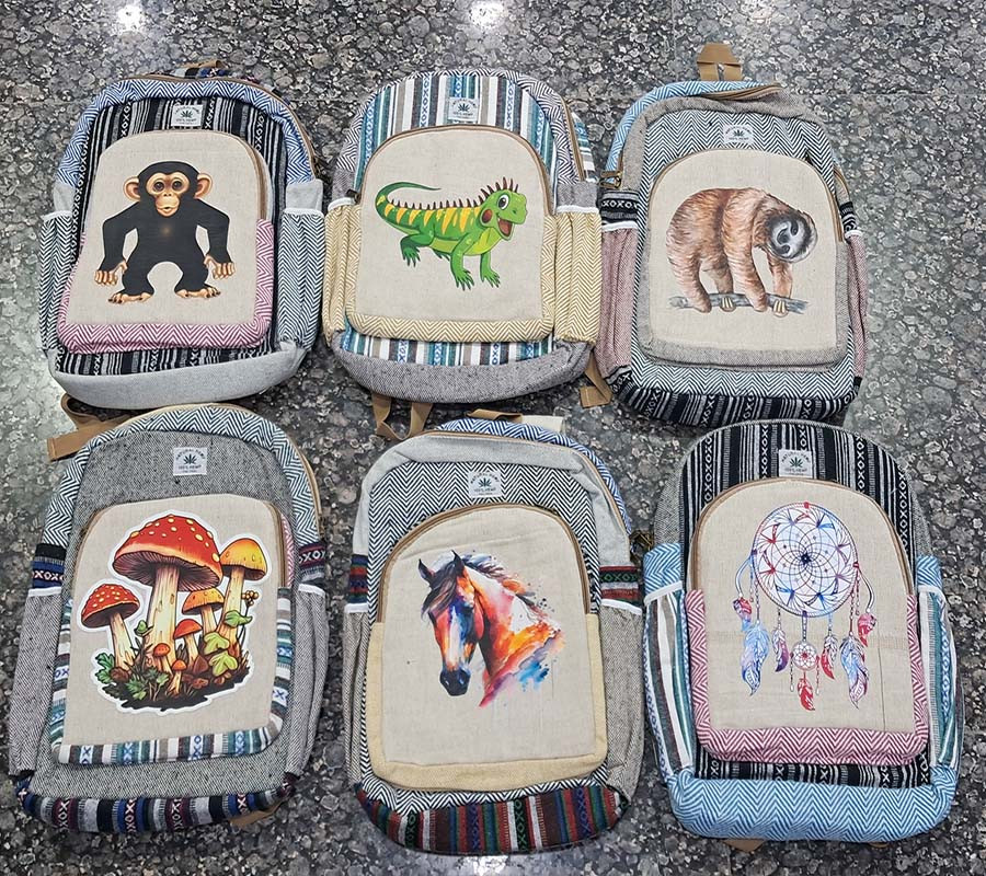 Large Hemp Backpack Himalayas, Unique and Handmade, Boho Design, Organic Natural materials, Water bottle pockets, Travel and laptop backpack  GC-BG-1047