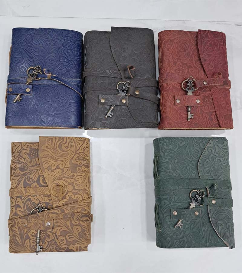 Embossed Leather Journal with Antique Key Vintage Pages  5x7 inch Handmade Journal Leather Sketchbook Notepad Leather Travel Journal Book of Shadows Leather grimoire  GC-NB-107