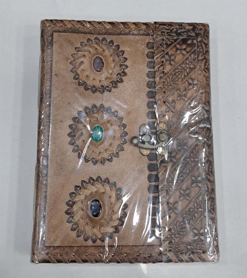 Handmade Leather Journal - Stone Beads Work  Book of Shadows, Embossed Grimoire GC-NB-108